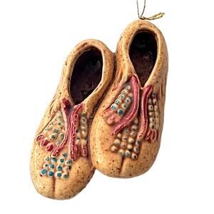 Vintage Ceramic Indian Mocccasins Ornament Tan with Blue and Moroon 2.75"